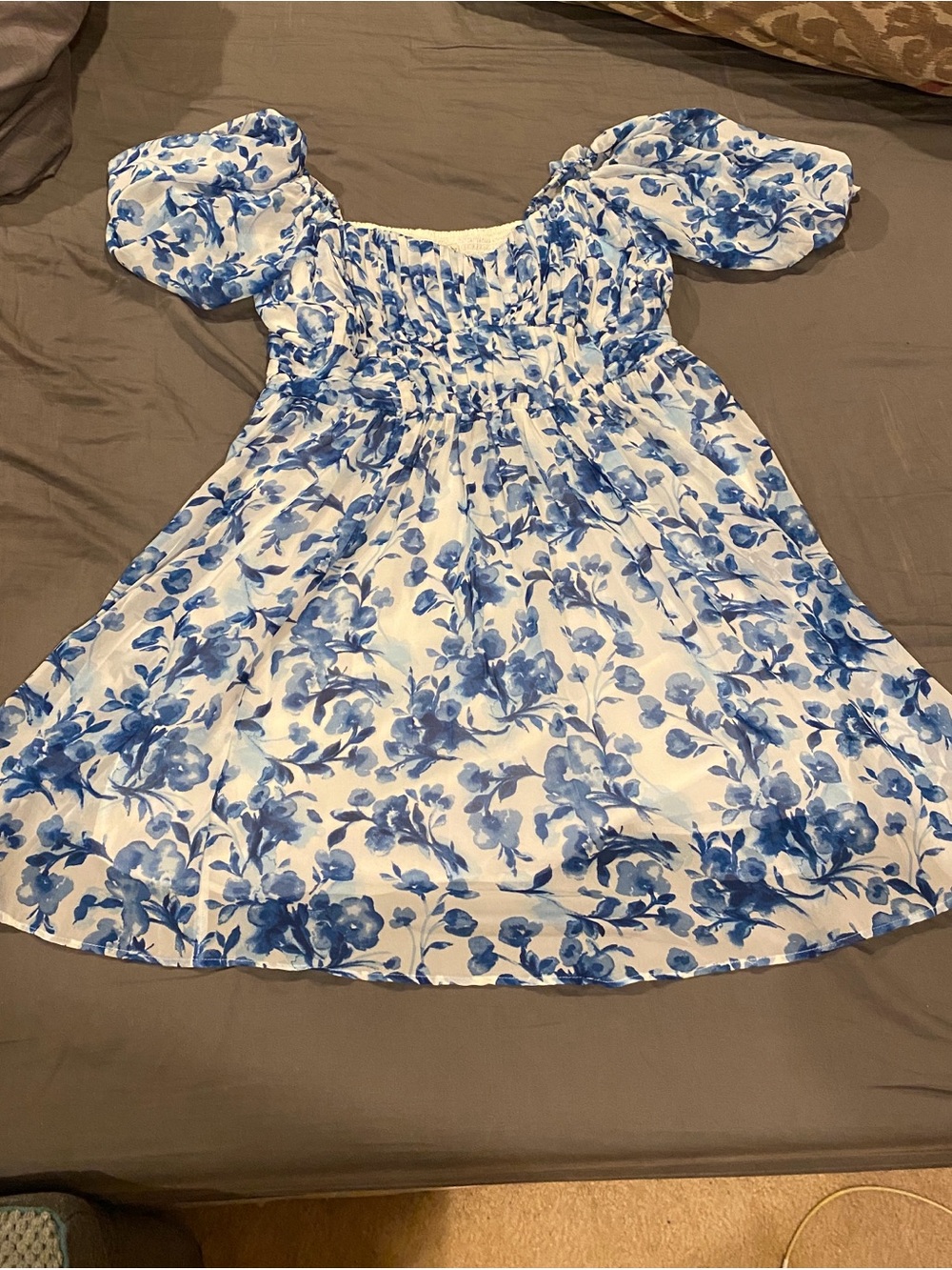 Abercrombie & Fitch Blue Floral Smocked Puff Sleeve Dress